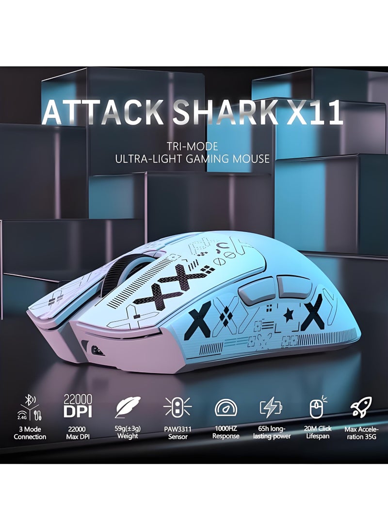 Attack Shark X11 Lightweight Wireless Gaming Mouse with RGB Charging Dock,Tri-Mode-2.4G/USB-C Wired/BT,22K DPI,PAW3311 Optical Sensor,HUYU Switch, 5 programmable Buttons for PC/Mac(White&Sticker)  - Image 5