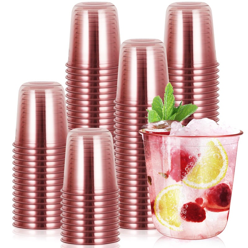 RMERVE 120 Pcs Disposable Stemless Glasses 12oz Plastic Cups Disposable Cold Party Drinking Cups Wine Glasses for Meeting Weddings Birthdays Cocktail Christmas Party Supplies (Pink) - Image 1