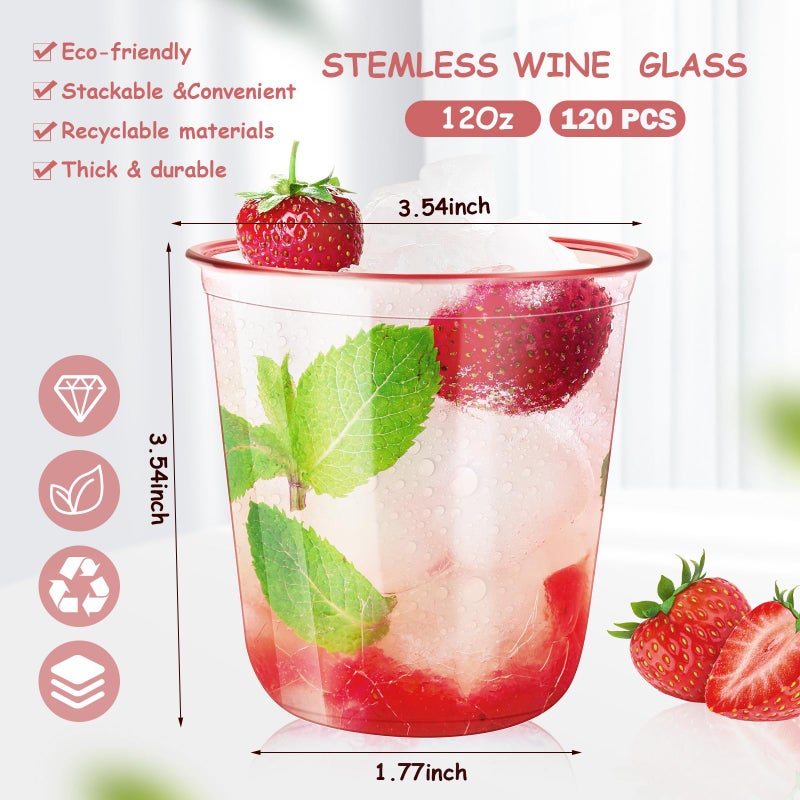 RMERVE 120 Pcs Disposable Stemless Glasses 12oz Plastic Cups Disposable Cold Party Drinking Cups Wine Glasses for Meeting Weddings Birthdays Cocktail Christmas Party Supplies (Pink) - Image 2