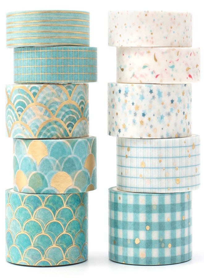 YUBX Masking Tape, Set of 10, Washi Tape, Creative Gold Foil Stamping, DIY Crafts, Journal, Notebook, Planner, Scrapbooking, Wrapping, Gift Decoration(Blue Tone) - Image 1