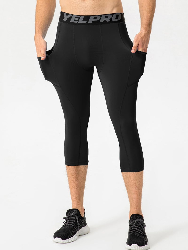 SPVISE Black Men Compression Pants 3/4 Capri Tights Athletic Basketball Leggings with Pockets for Running Workout Sports Yoga - Image 2