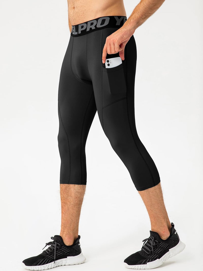 SPVISE Black Men Compression Pants 3/4 Capri Tights Athletic Basketball Leggings with Pockets for Running Workout Sports Yoga - Image 3