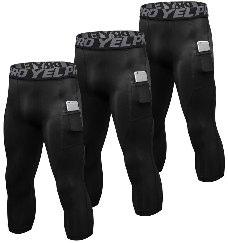 SPVISE Black Men Compression Pants 3/4 Capri Tights Athletic Basketball Leggings with Pockets for Running Workout Sports Yoga - Image 1