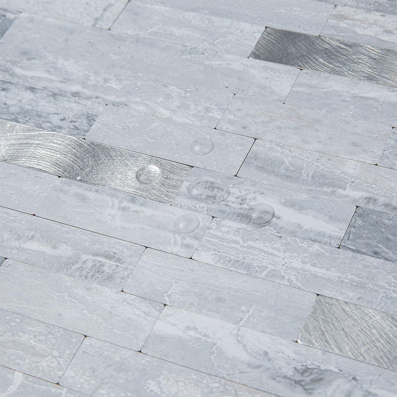 AULIGET 20 Sheets Faux Stone Peel and Stick Backsplash  Light Grey Marble Look PVC Mixed Metal Wall Tiles Stick on Backsplash for Kitchen - Image 3
