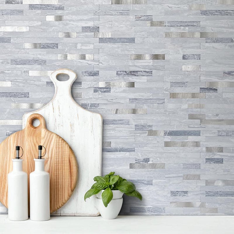 AULIGET 20 Sheets Faux Stone Peel and Stick Backsplash  Light Grey Marble Look PVC Mixed Metal Wall Tiles Stick on Backsplash for Kitchen - Image 2