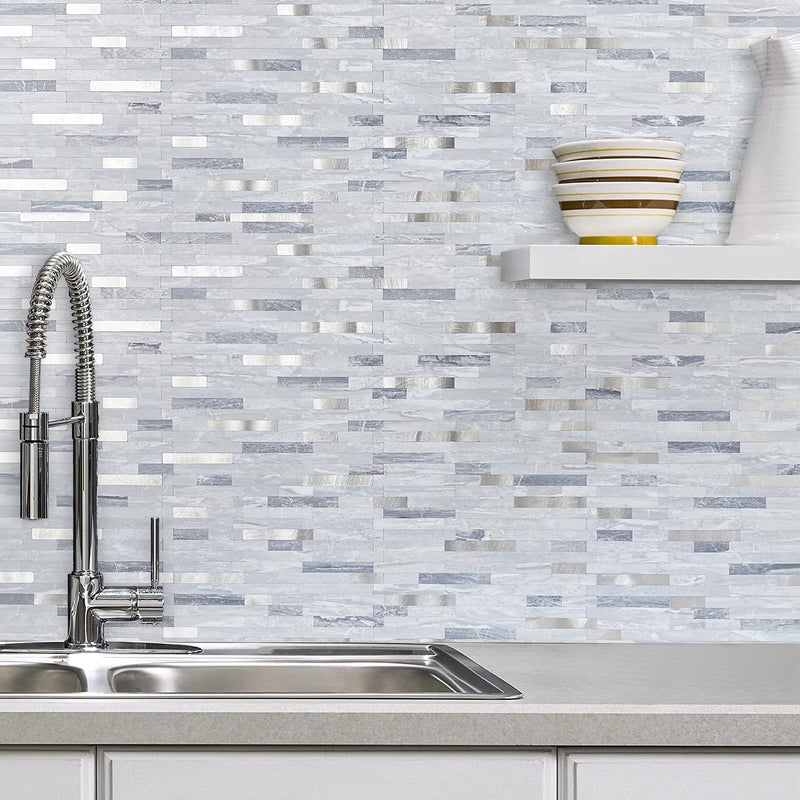 AULIGET 20 Sheets Faux Stone Peel and Stick Backsplash  Light Grey Marble Look PVC Mixed Metal Wall Tiles Stick on Backsplash for Kitchen - Image 5