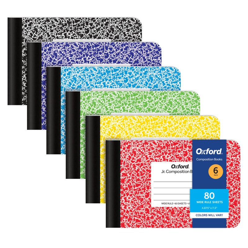Oxford Composition Mini Notebooks, 6 Pack, Cover Colors Vary, Wide Ruled Paper, 4-7/8 x 7-1/2 Inch School Journals, Assorted Color Covers, 80 Sheets per Book (63779) - Image 1