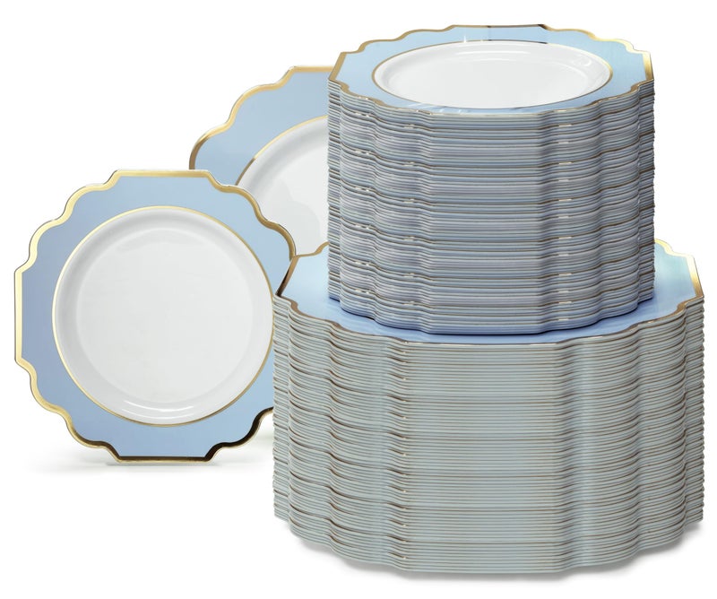 OCCASIONS FINEST PLASTIC TABLEWARE OCCASIONS  240 Plates Pack 120 Guests Heavyweight Wedding Party Disposable Plastic Plates Set 120 x 105 Dinner  120 x 8 SaladDessert Plate Imperial in WhiteBlue  Gold 