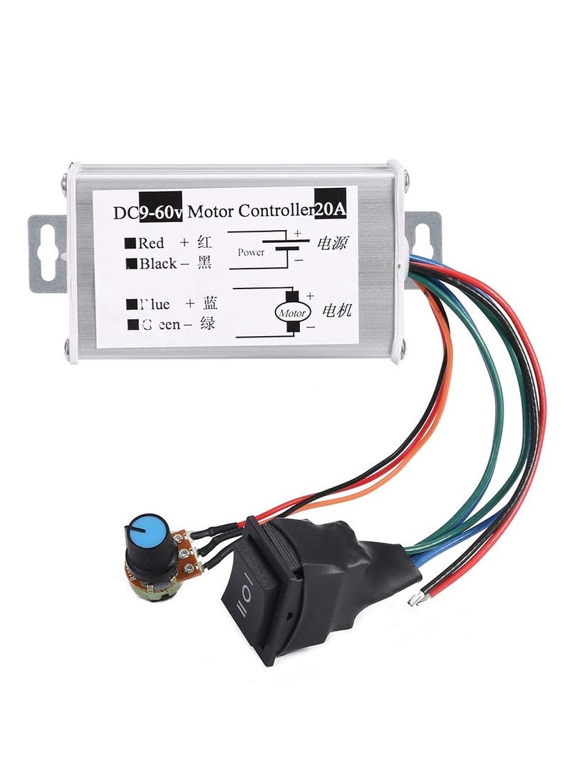 SOLARAE DC Motor Speed Controller, PWM Regulator for 9V-60V Brush Motors, 20A 1200W with Switch & Knob, Adjustable Dimmer for Precise Speed Control and Monitoring. - Image 1