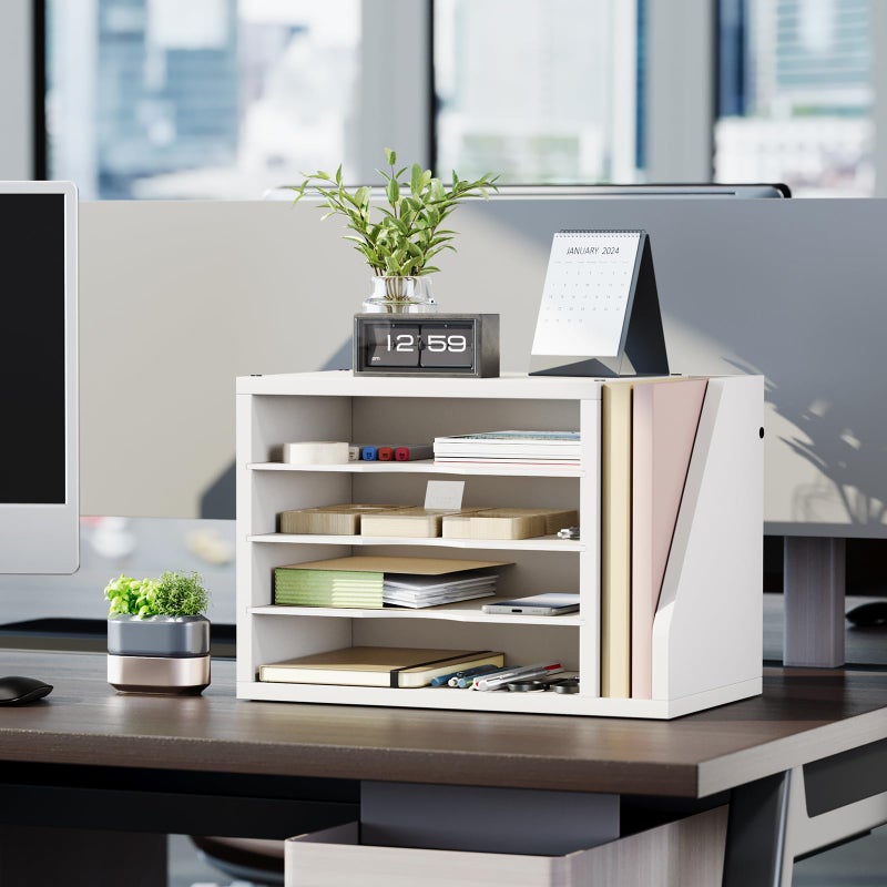 Creso hom File Organizer Desktop, Wood Desk Organizer with 3 Adjustable Shelves, Mail Paper Sorter for Office, Home, File Holders for Envelopes, Mail Supplies or Magazines, White - Image 4