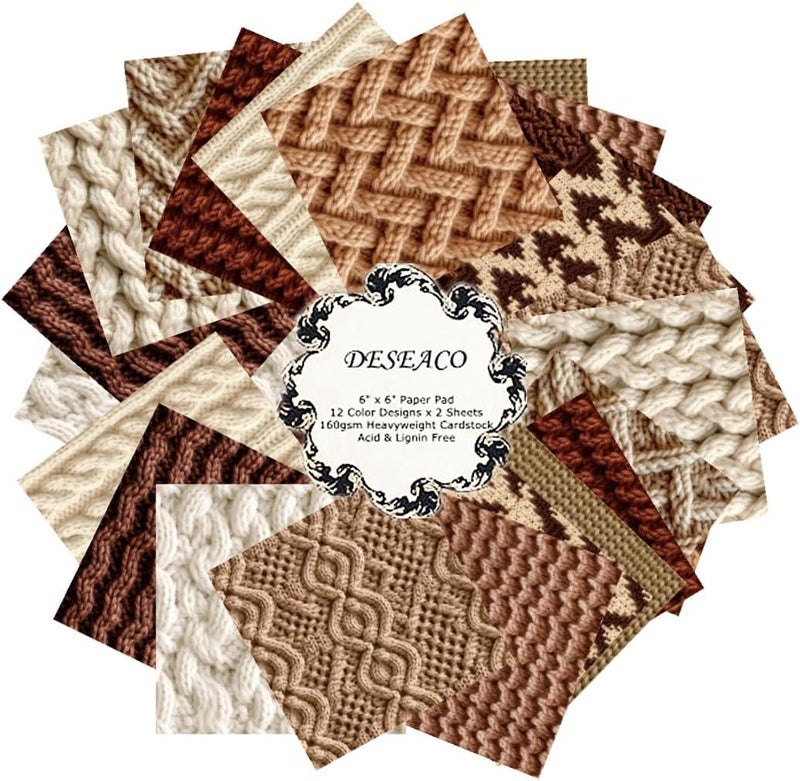 DESEACO 24 Sheets Knitting Wool Decorative Scrapbooking Paper Pad 6x6 Craft Paper Single-Side Card Making Supplies for Junk Journal, Holiday Journaling, Brown, Earth Tone and White - Image 1