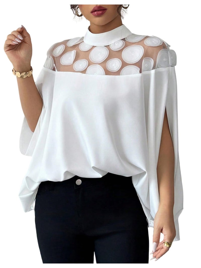 Verdusa Women's Sheer Mesh 3/4 Sleeve Slit Mock Neck Ruffle Loose Blouse Going Out Tops White Medium - Image 1