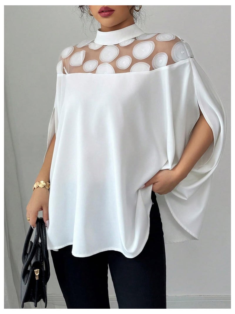 Verdusa Women's Sheer Mesh 3/4 Sleeve Slit Mock Neck Ruffle Loose Blouse Going Out Tops White Medium - Image 4