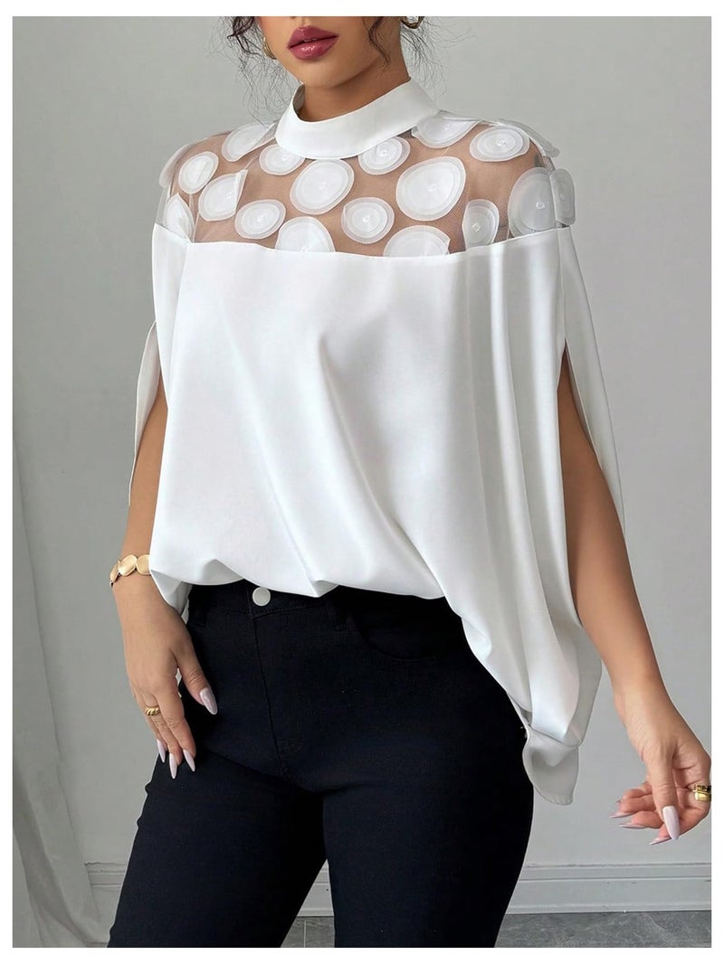 Verdusa Women's Sheer Mesh 3/4 Sleeve Slit Mock Neck Ruffle Loose Blouse Going Out Tops White Medium - Image 3