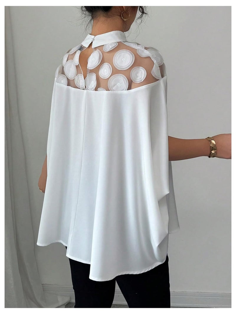 Verdusa Women's Sheer Mesh 3/4 Sleeve Slit Mock Neck Ruffle Loose Blouse Going Out Tops White Medium - Image 2