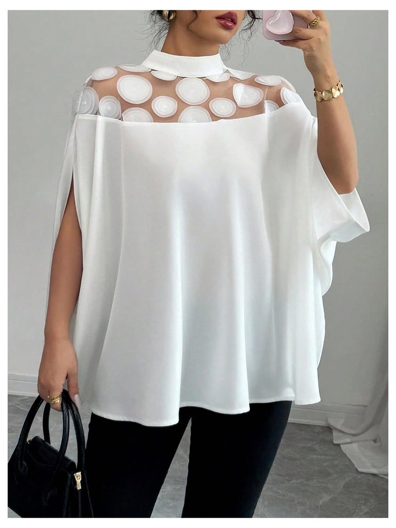 Verdusa Women's Sheer Mesh 3/4 Sleeve Slit Mock Neck Ruffle Loose Blouse Going Out Tops White Medium - Image 5