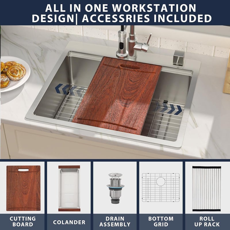 Lepuday 25 Inch Drop In Kitchen Sink 25x22 Inch Workstation Kitchen Sinks Stainless Steel Single Bowl 16 Gauge Topmount Sink 9" Deep Basin - Image 4