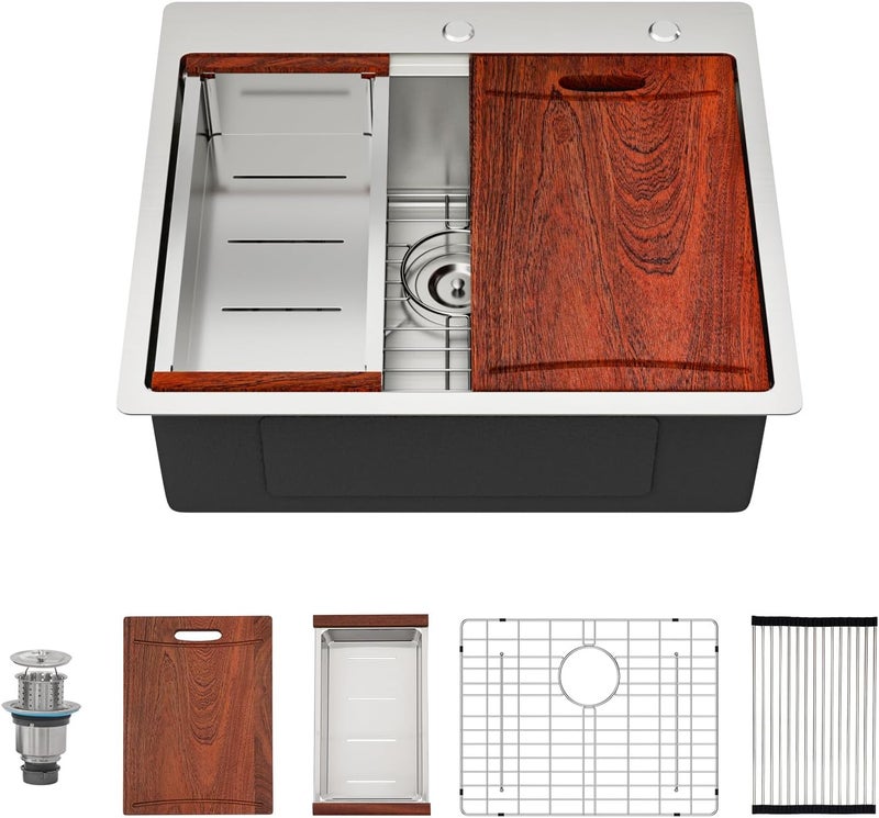 Lepuday 25 Inch Drop In Kitchen Sink 25x22 Inch Workstation Kitchen Sinks Stainless Steel Single Bowl 16 Gauge Topmount Sink 9" Deep Basin - Image 1