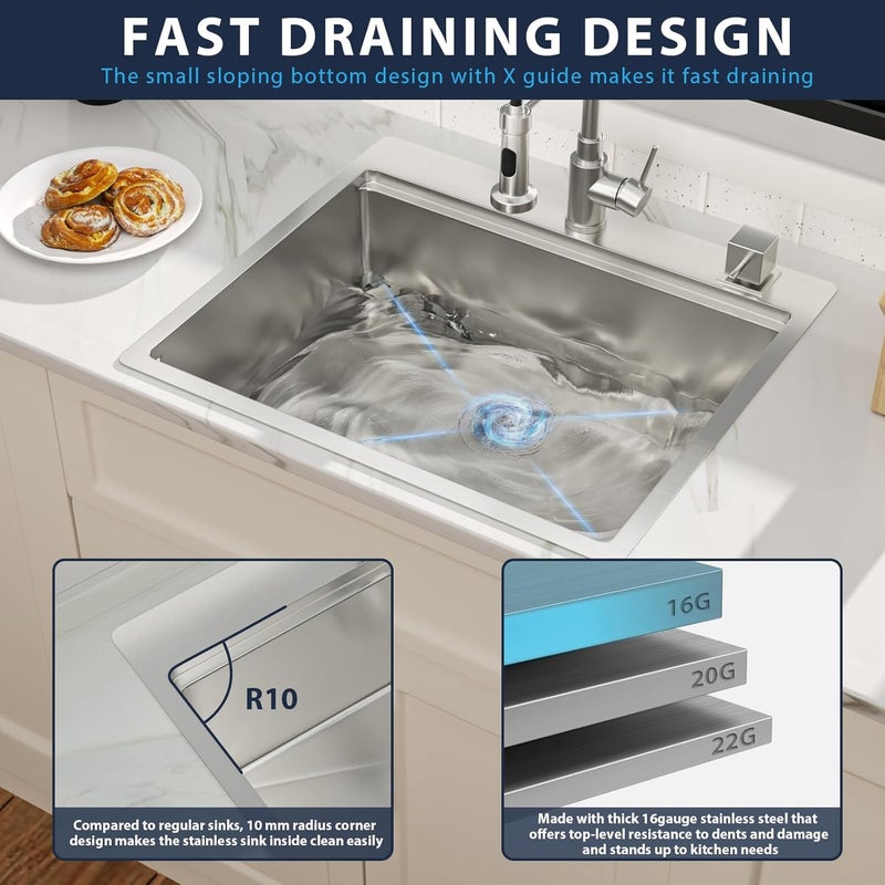 Lepuday 25 Inch Drop In Kitchen Sink 25x22 Inch Workstation Kitchen Sinks Stainless Steel Single Bowl 16 Gauge Topmount Sink 9" Deep Basin - Image 5