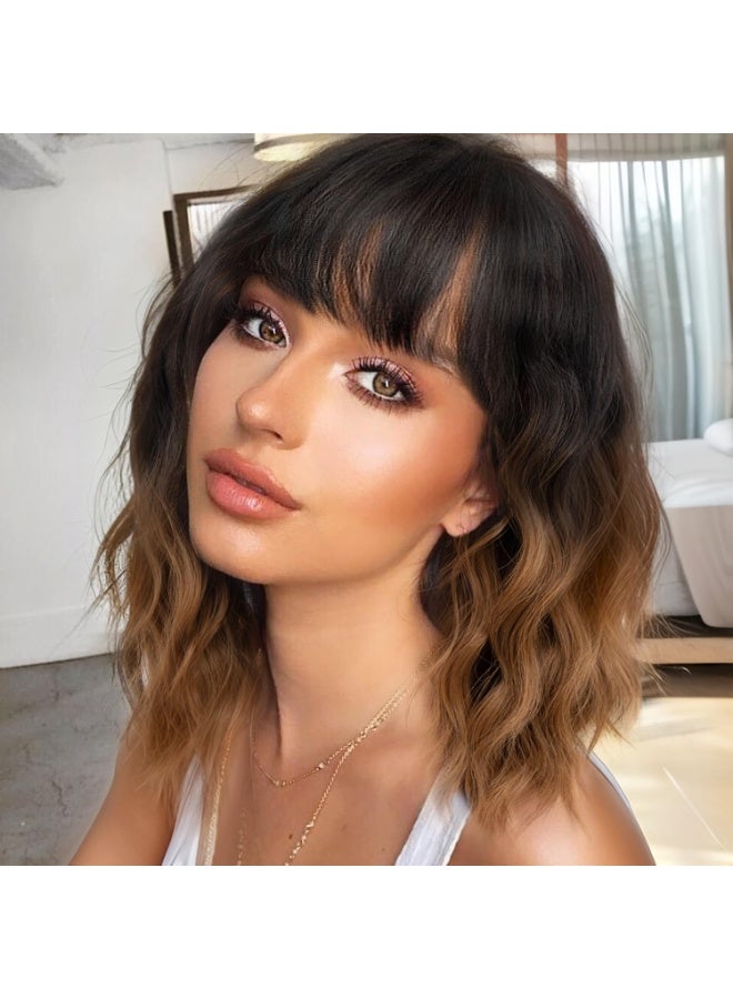 Short Wavy Wig with Bangs for Women Shoulder Length Bob Curly Women's Charming Synthetic Wigs with Natural Wavy Black To Brown Heat Resistant Hair for Daily Party Use - Image 1