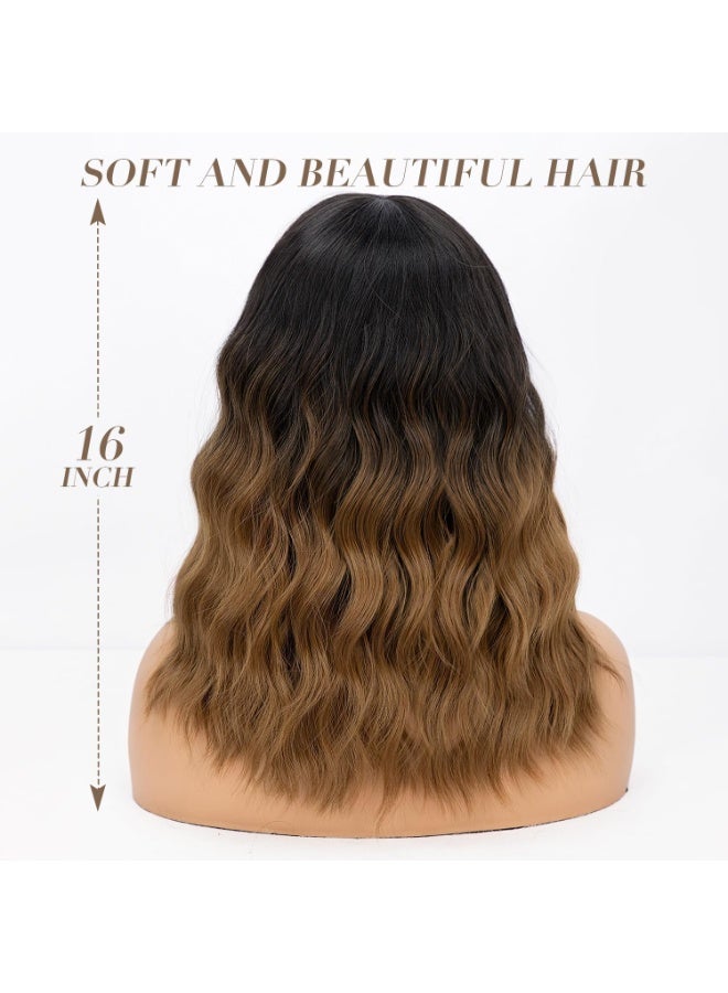 Short Wavy Wig with Bangs for Women Shoulder Length Bob Curly Women's Charming Synthetic Wigs with Natural Wavy Black To Brown Heat Resistant Hair for Daily Party Use - Image 2