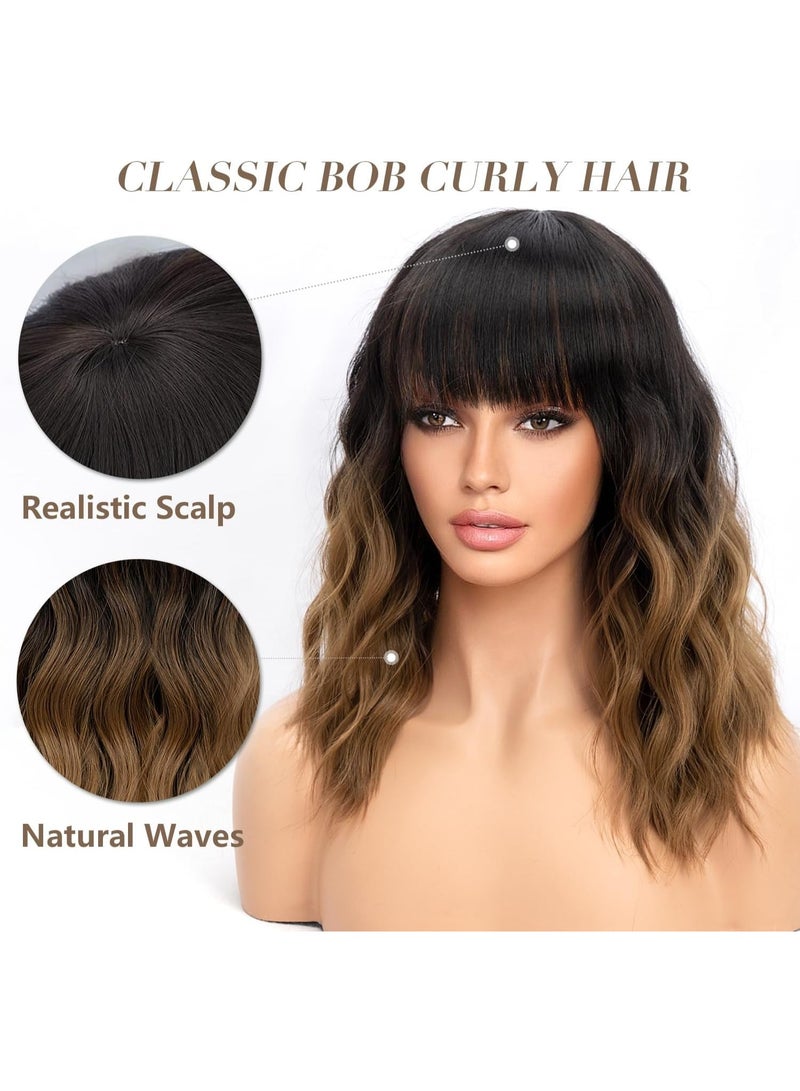 Short Wavy Wig with Bangs for Women Shoulder Length Bob Curly Women's Charming Synthetic Wigs with Natural Wavy Black To Brown Heat Resistant Hair for Daily Party Use - Image 3