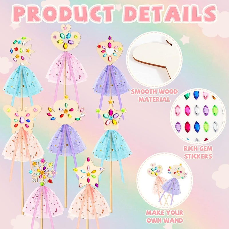 Queekay 34 Pcs Make Your Own Princess Wand Kit 16 Unfinished Star Butterfly Crown Moon Fairy Wood Stick 6 Gem Stickers 4 Satin Ribbons 8 Mesh Decor for Princess Cosplay Party Accessories DIY Art Craft Making - Image 1