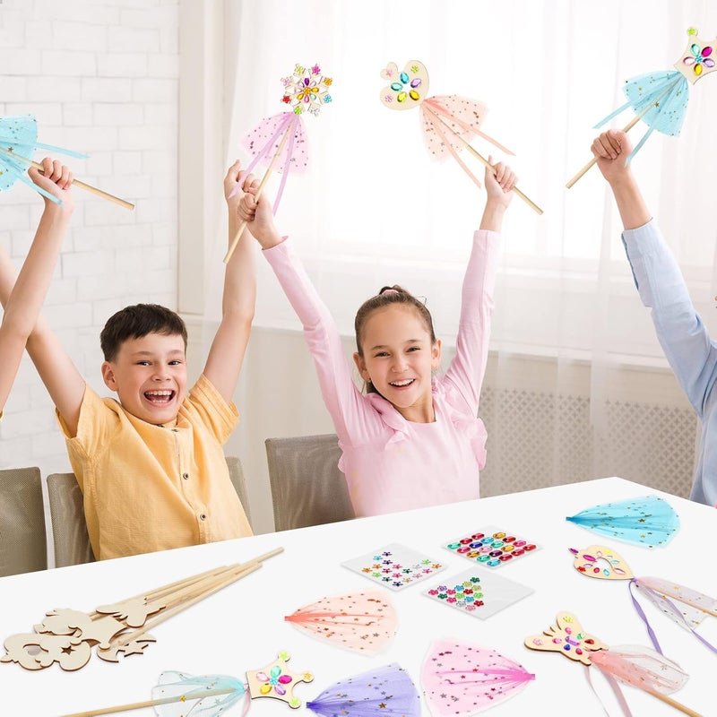 Queekay 34 Pcs Make Your Own Princess Wand Kit 16 Unfinished Star Butterfly Crown Moon Fairy Wood Stick 6 Gem Stickers 4 Satin Ribbons 8 Mesh Decor for Princess Cosplay Party Accessories DIY Art Craft Making - Image 4