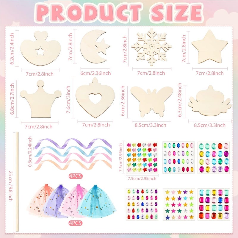 Queekay 34 Pcs Make Your Own Princess Wand Kit 16 Unfinished Star Butterfly Crown Moon Fairy Wood Stick 6 Gem Stickers 4 Satin Ribbons 8 Mesh Decor for Princess Cosplay Party Accessories DIY Art Craft Making - Image 2
