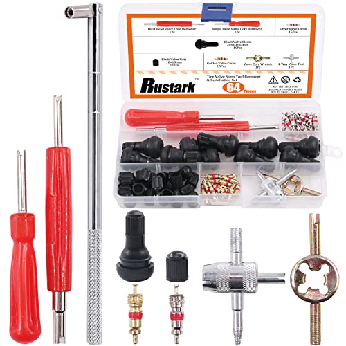 Rustark 65 pcs Tire Valve Stem Tool Puller and Installer Kit- 50 Pcs Valve Cores with Slotted-Head Valve Caps, Tire Stem Puller Tools,Dual Single Head Valve Core Remover and 4-Way Valve Tool - Image 1