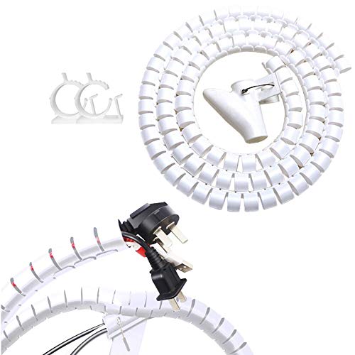 VIWIEU White Cable Wire Cover Cord Management Sleeve Electrical Wire Organizer Holder, VIWIEU Reusable & Expandable Desktop Spiral Tube Wire Hider with Cable Clips for TV Computer Home Entertainment - Image 1