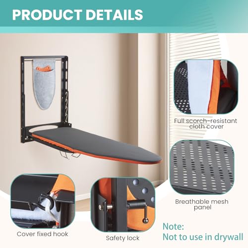 Seiritex Wall Mounted Ironing Board with Iron Holder, 36x13 Compact Mount Foldable Ironing Board for Small Spaces, Space Saving with Cotton Fabric Cover and Silicone Iron Rest - Image 2