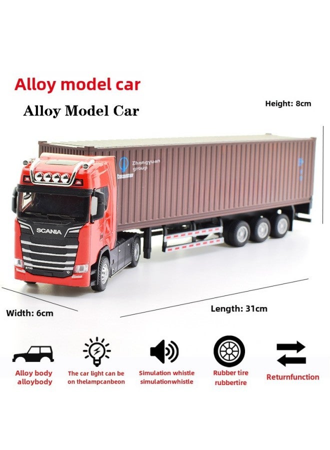 Scania Alloy Container Container Car Model Simulation Tractor Semi-trailer Double-deck Transport Toy-Color:Red Scania Tractor + Brown COSCO Container Truck  - Image 1