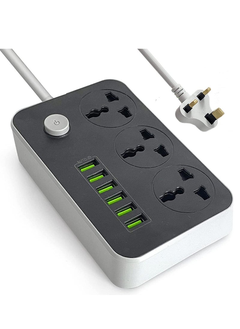 BGM Power Strips Extension Cord 3 Outlets, Power Socket with 6 USB Ports Universal Charging Socket with 2M Bold Extension Cord  - Image 1