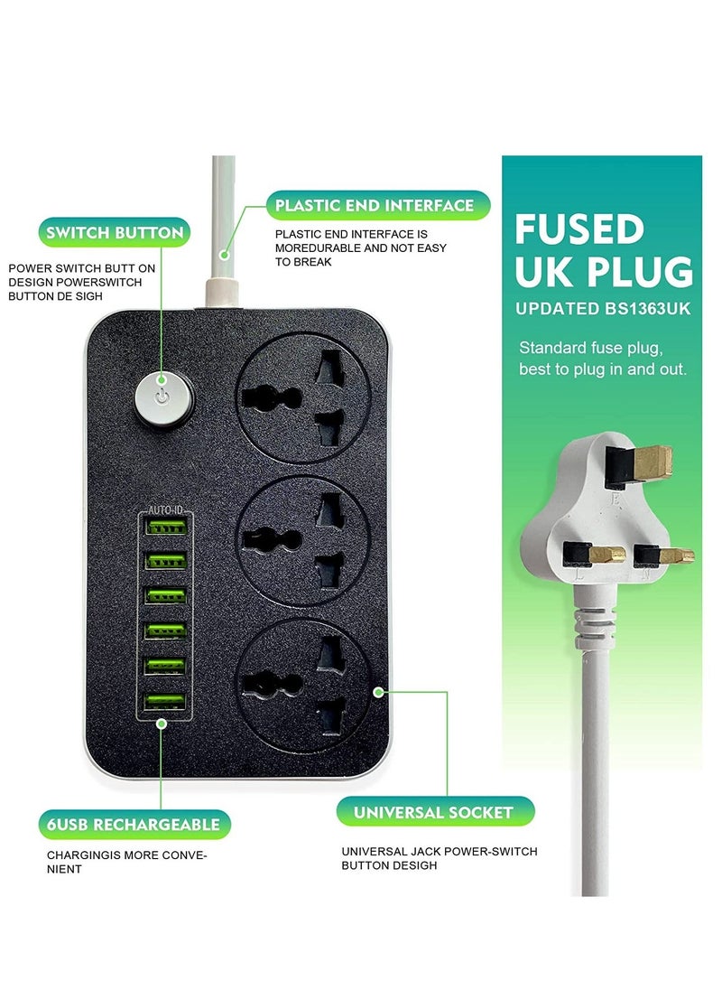 BGM Power Strips Extension Cord 3 Outlets, Power Socket with 6 USB Ports Universal Charging Socket with 2M Bold Extension Cord  - Image 3