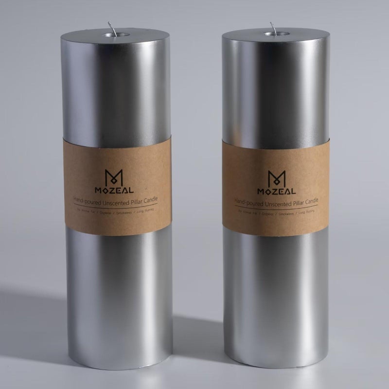 MOZEAL Mozeal 4 "" × 12 "شموع عمود فضية للغاية (مجموعة من 2) غير مدخنة لا دخن من شموع العمود الفضية الطويلة البالغة 12 بوصة مثالية لحفلات الزفاف وديكور عيد الميلاد  - Image 1