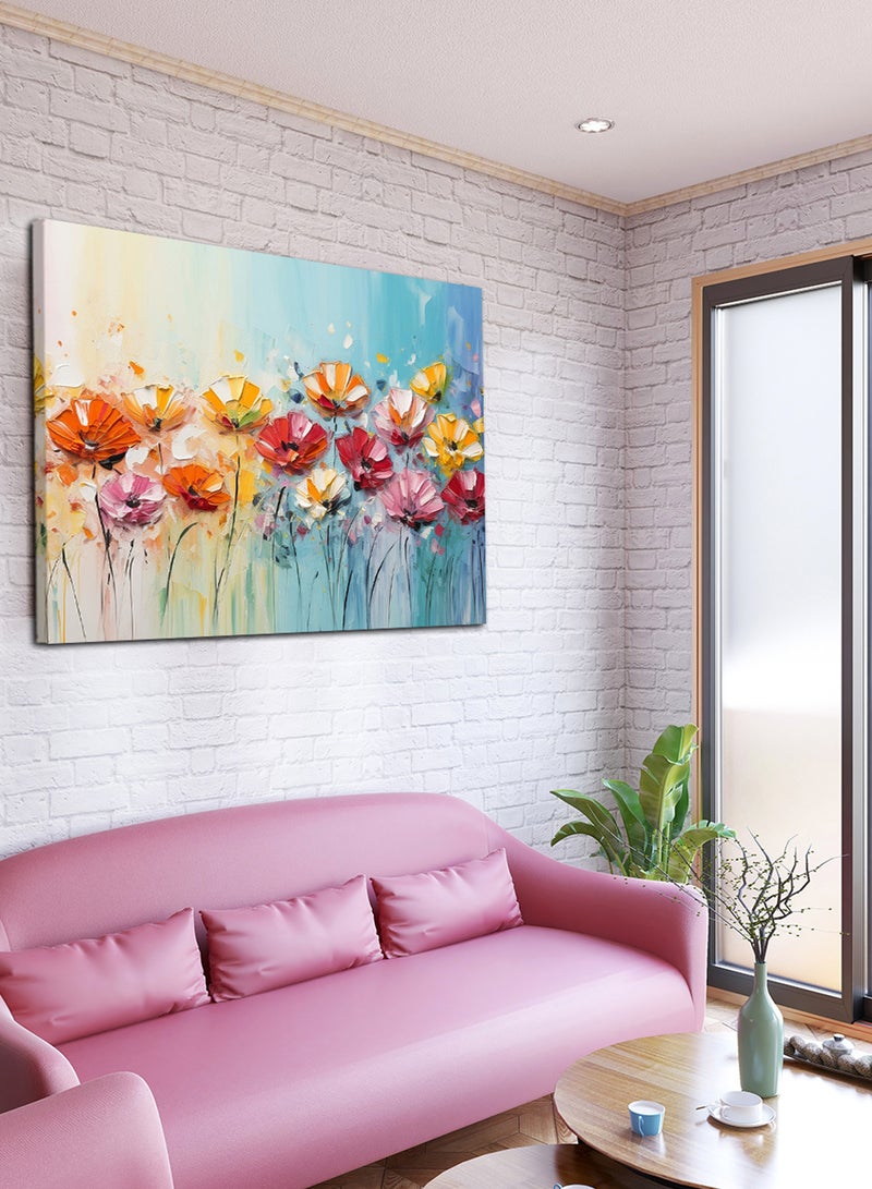 LOWHA Canvas Wall Art Stretched Over Wooden Frame with Colourful Flowers Painting - Image 3