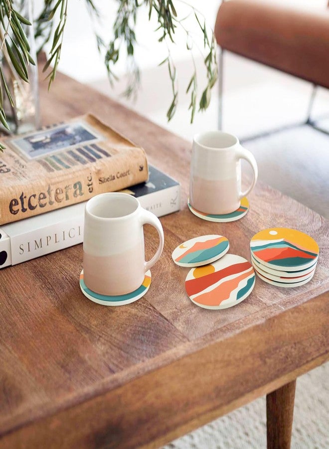 Laisgee Boho Coasters Bohemian Absorbent Coasters for Drinks Mountain Sun and Moon Ceramic Holders with Cork Base for Coffee Table Housewarming Birthday Gifts Set of 6 - Image 4