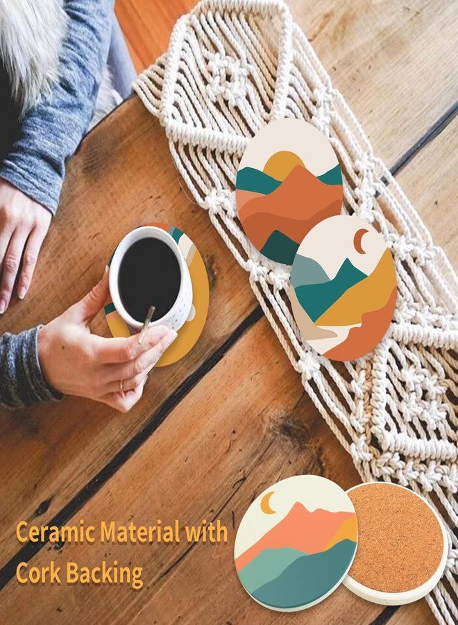 Laisgee Boho Coasters Bohemian Absorbent Coasters for Drinks Mountain Sun and Moon Ceramic Holders with Cork Base for Coffee Table Housewarming Birthday Gifts Set of 6 - Image 3