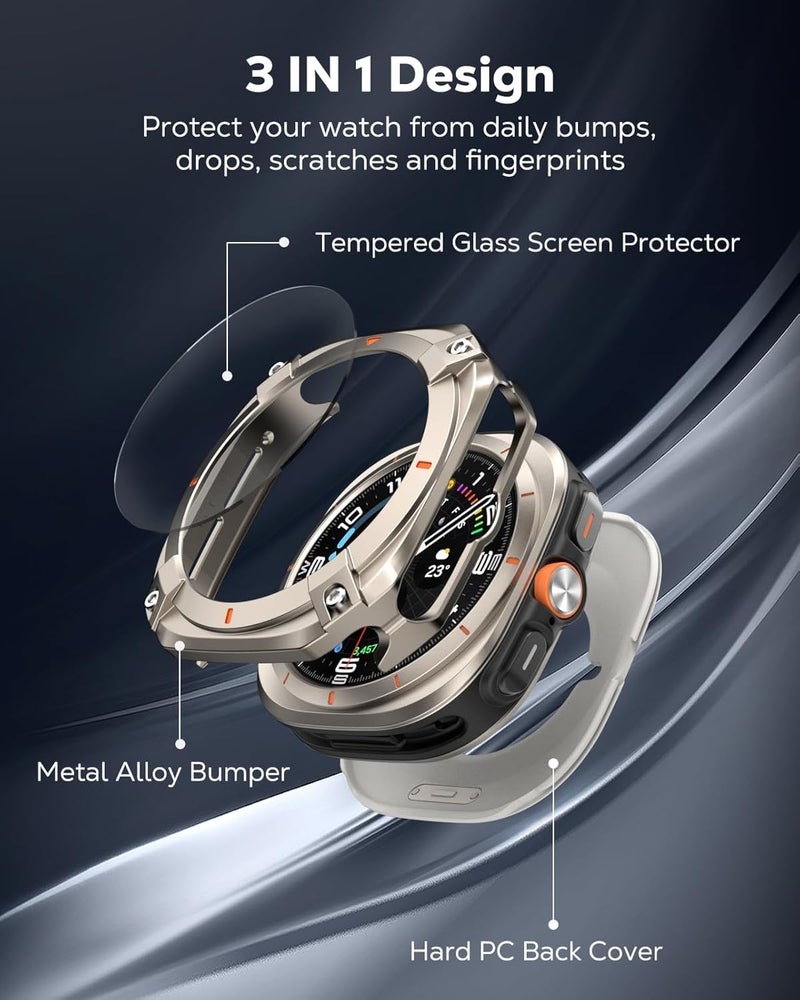 KASTWAVE 3 in 1 Metal Case for Samsung Galaxy Watch Ultra 47mm (2025/2024), Stainless Steel Protective Bumper, Hard PC Back Cover, HD Tempered Glass Screen Protector, Titanium Orange - Image 3