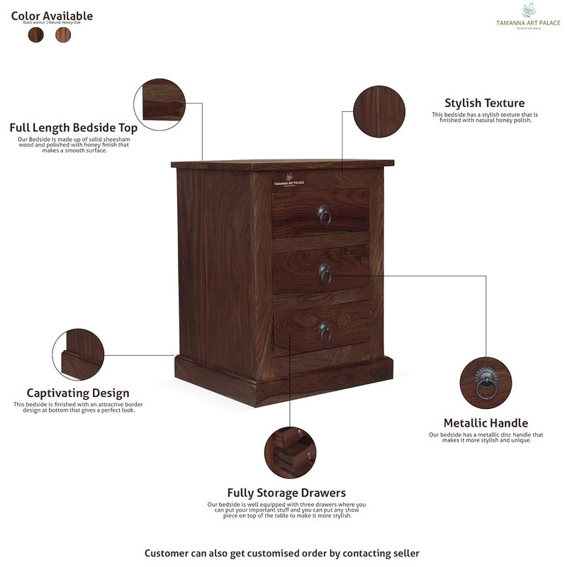 TAMANNA ART PALACE TAMANNA ART PALACE Solid Sheesham Wood Bedside TableCoffee TableSofa TableEnd Table with Storage and 3 Drawers Natural Honey Oak Black Walnut  - Image 3