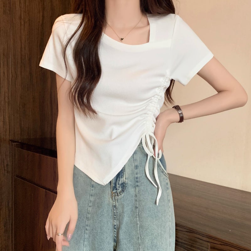 [92 Cotton/8 Spandex] Summer Short-Sleeved T-Shirt Women'S Korean-Style Solid Color Loose Drawstring Irregular Round Neck Top Trendy - Image 3