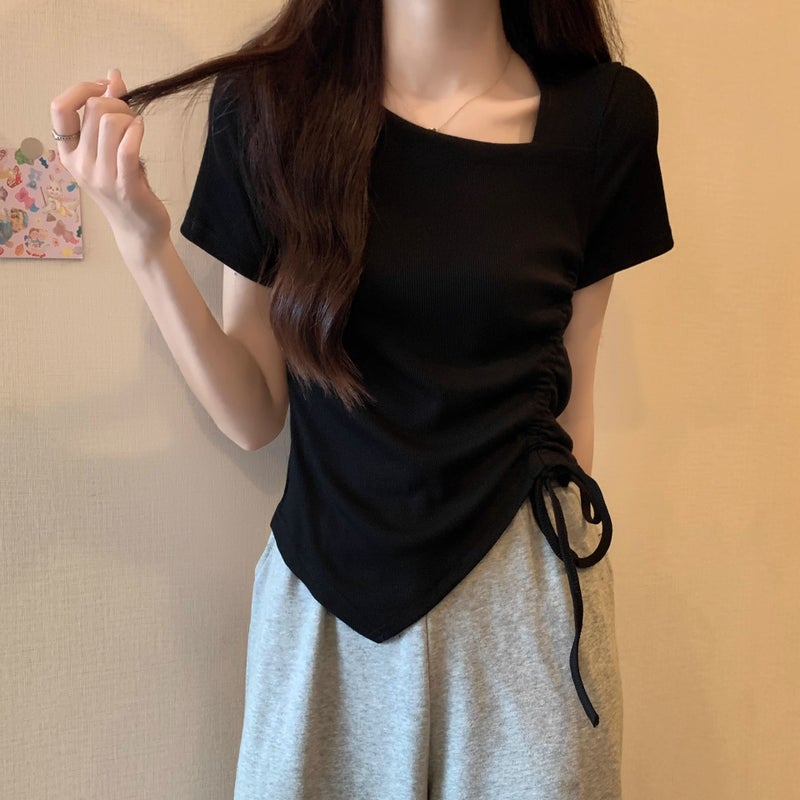 [92 Cotton/8 Spandex] Summer Short-Sleeved T-Shirt Women'S Korean-Style Solid Color Loose Drawstring Irregular Round Neck Top Trendy - Image 5