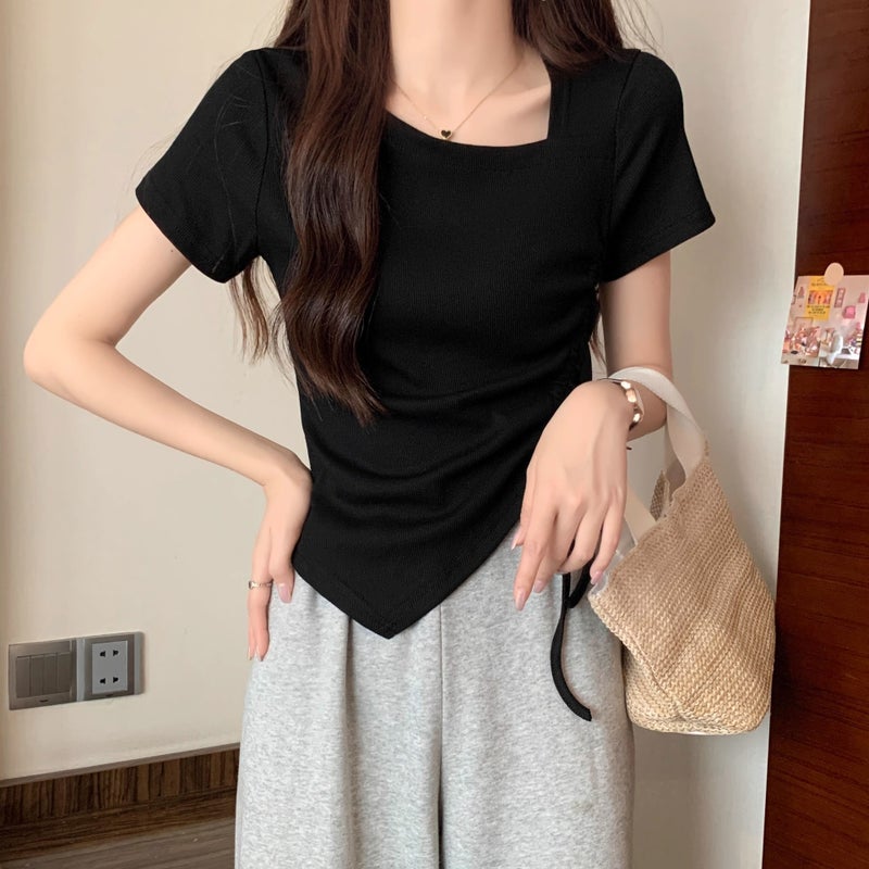 [92 Cotton/8 Spandex] Summer Short-Sleeved T-Shirt Women'S Korean-Style Solid Color Loose Drawstring Irregular Round Neck Top Trendy - Image 4