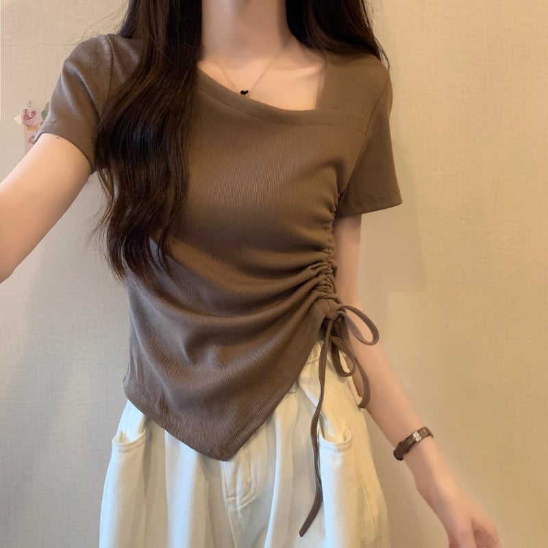 [92 Cotton/8 Spandex] Summer Short-Sleeved T-Shirt Women'S Korean-Style Solid Color Loose Drawstring Irregular Round Neck Top Trendy - Image 2