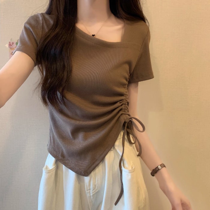 [92 Cotton/8 Spandex] Summer Short-Sleeved T-Shirt Women'S Korean-Style Solid Color Loose Drawstring Irregular Round Neck Top Trendy - Image 1