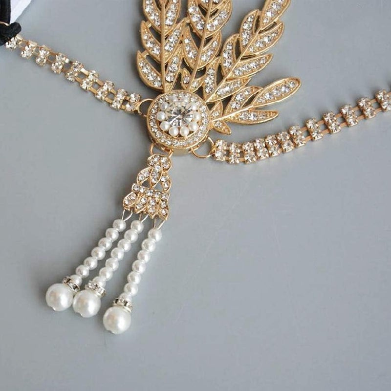 CBLUO 1920s Headband Leaf Rhinestone Hair Hoops Bands 20s Pearl Crystal Tassel Headpiece Hairband Head Chain Women Wedding Festival Halloween Parade Cosplay Dress Up Birthday Party Accessories Golden - Image 5