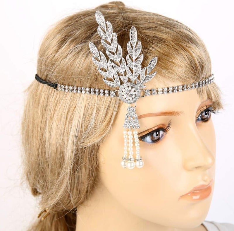 CBLUO 1920s Headband Leaf Rhinestone Hair Hoops Bands 20s Pearl Crystal Tassel Headpiece Hairband Head Chain Women Wedding Festival Halloween Parade Cosplay Dress Up Birthday Party Accessories Golden - Image 2