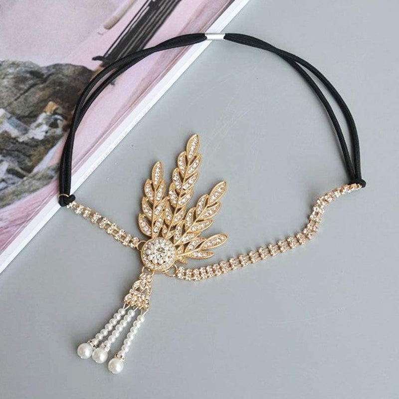CBLUO 1920s Headband Leaf Rhinestone Hair Hoops Bands 20s Pearl Crystal Tassel Headpiece Hairband Head Chain Women Wedding Festival Halloween Parade Cosplay Dress Up Birthday Party Accessories Golden - Image 4