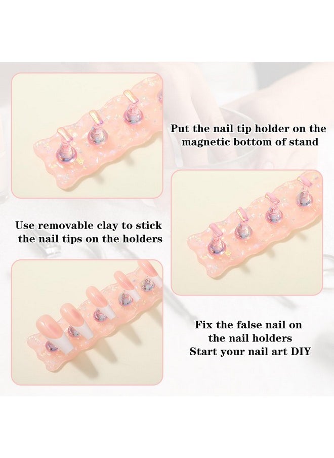 Prasacco 2 Sets Nail Stand For Painting Nails, Acrylic Nail Holder For Press On Nails Display With 96 Pcs Reusable Adhesive Putty Magnetic Fake Nail Holder For Painting For Home Diy Salon(White+Pink)  - Image 4